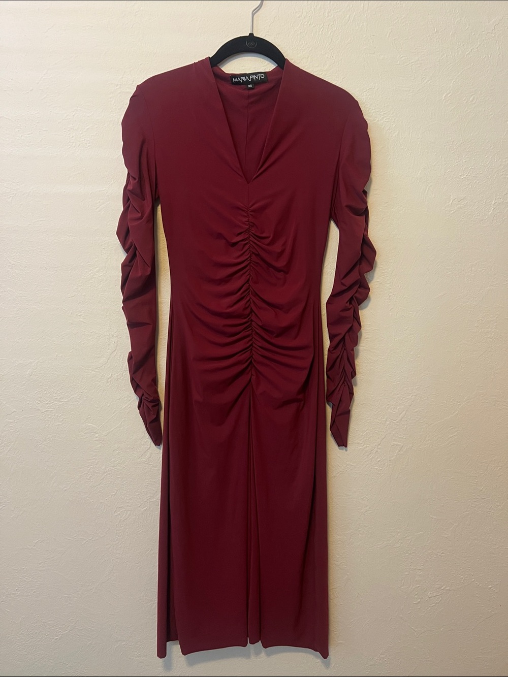 MARANTINO Burgundy Ruched Long Sleeve Midi Dress